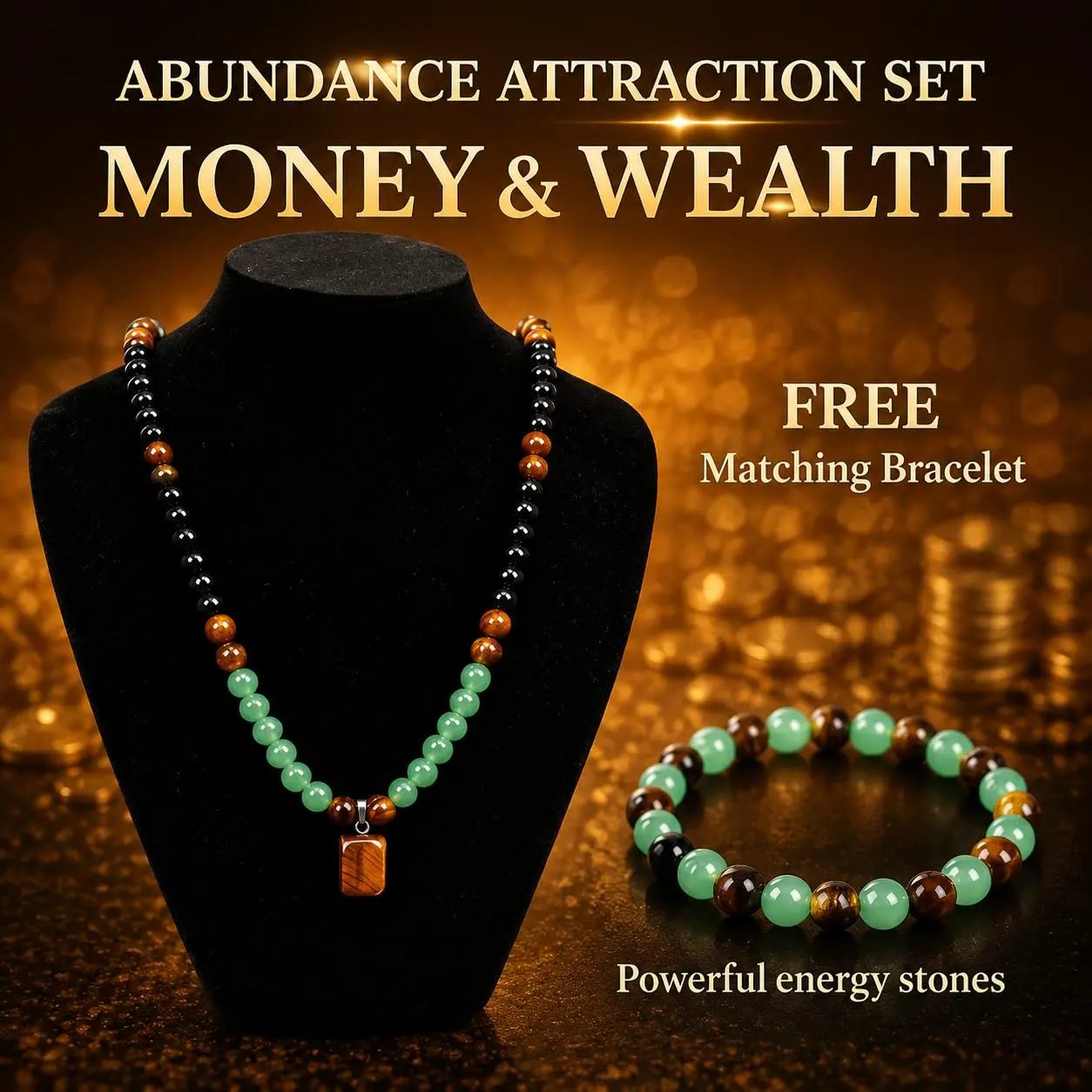 Female 1pc Necklace+1pc Bracelet Set - Natural Crystal Abundance Jewelry, Green Aventurine/Tiger Eye Pendant, Metal Coating, Long/Sweater Chain, Adjustable Fit, Colorblock Design, Ideal Gift for Women, Daily Wear, Jewelry Sets