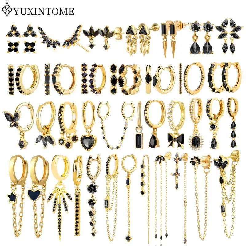 YUXINTIME 925 Sterling Silver Ear Needle Black Zircon Gold Earrings for women Geometric pendant Earrings Fashion Wedding Jewelry