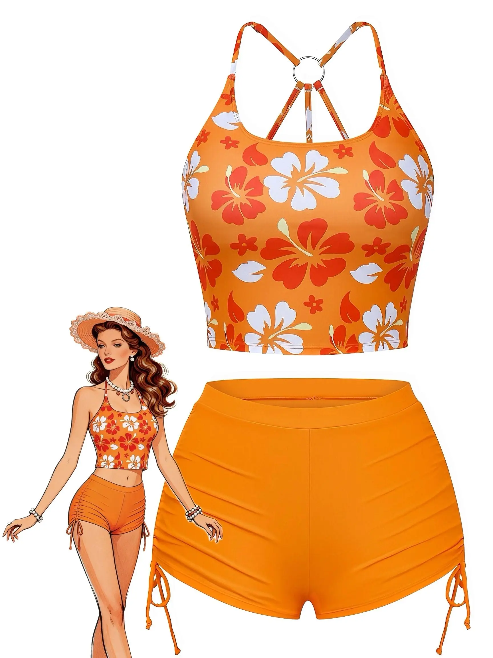 Orange 1960s Floral Backless Bikini Set vacation swimwear for women cute summer outfits