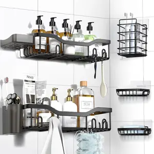 Shower Caddy Adhesive Shower Organizer 7-Pack, Rustproof Stainless Steel Bathroom Shelves, Large Capacity No-Drill Rack Storage Accessories with Soap Dish Toothbrush Holder &24 Hooks Home Decor