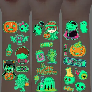 Cartoon Halloween Series Pattern Night Light Tattoo Stickers (1 set), Vampire Skeleton Zombie Ghost Pumpkin Bat, Glowing Temporary Tattoo in the Dark, Halloween Party Role Playing, Body Decoration Waterproof Art Realistic Tattoo Stickers