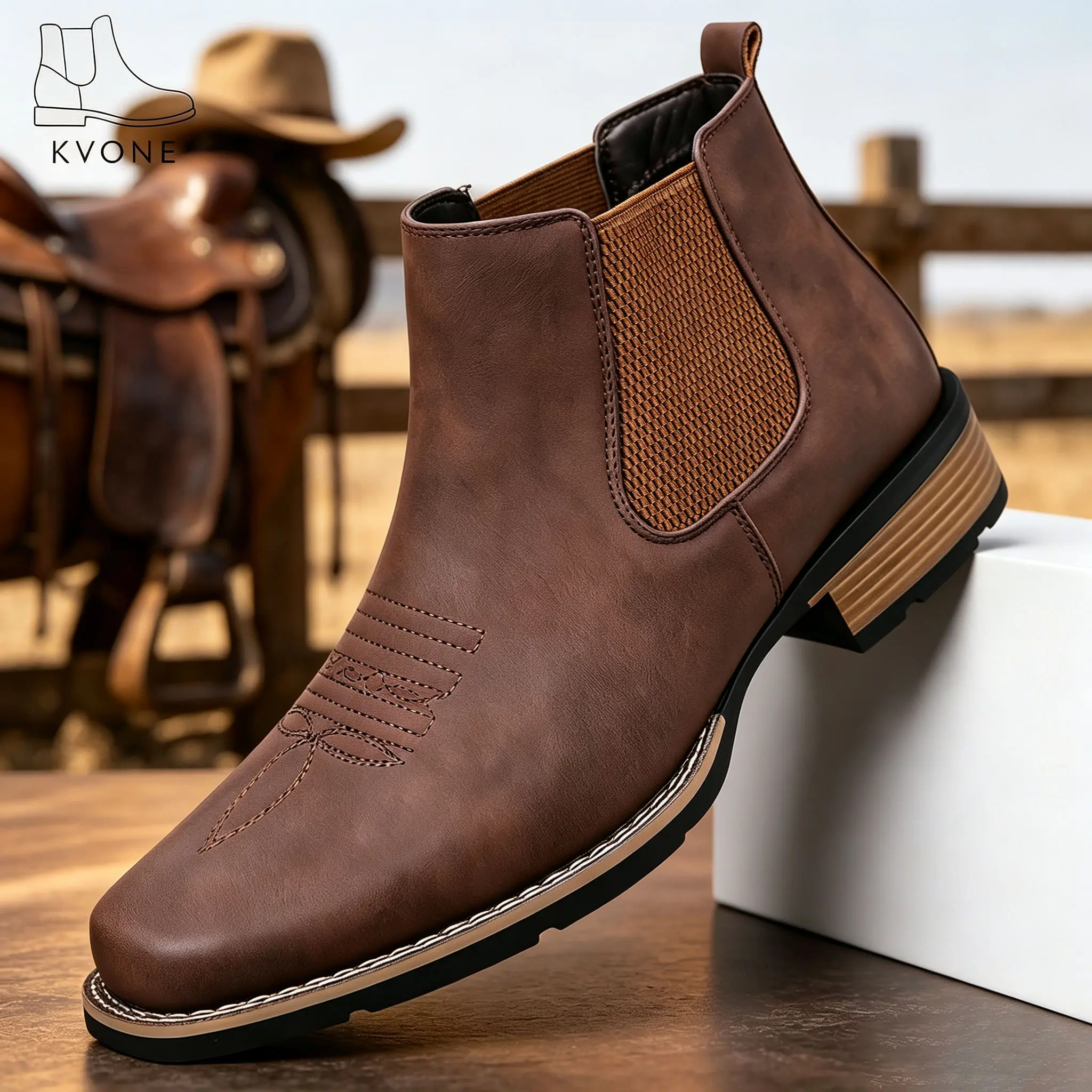 kvone versatile men’s Chelsea boots, comfortable safety shoes, square-toe short boots, men’s leather Western boots, work boots, retro classic country style, embroidered Chelsea walking shoes, casual fashion footwear