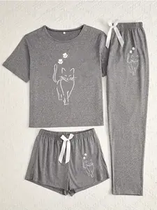 Three-Piece Pajama Set for Women, Cartoon Cat Print, Fitted Casual Sleepwear, All Seasons Comfortable Nightwear, Cute Loungewear