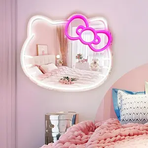【FaddishDeal】Kitty face Home Decorative mirror ,Anime Neon Sign for Dresser, Locker Room,Living Room, Neon，Light up Acrylic Mirror with Dimmable Interior Led Pastel，
