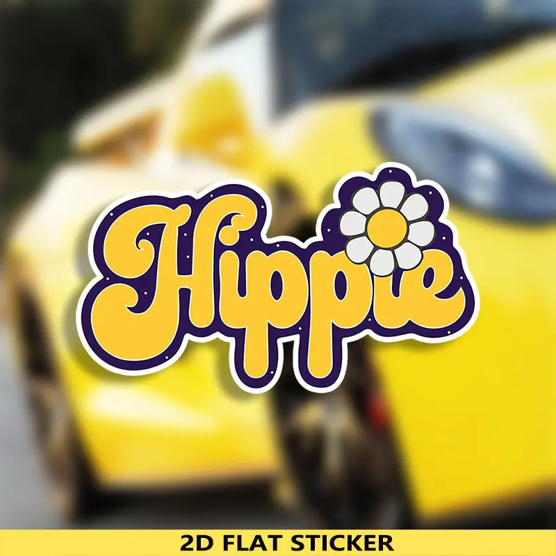1PC  Retro Hippie "Hippie" Logo Sticker - For car bodies, backpacks, notebooks. Full of free casual vibe, add retro script font + daisy decoration (colorful stroke + hippie design) elements. A favorite decor for retro hippie style lovers!