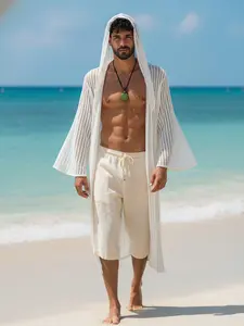 Men's White Sheer Hooded Robe – Breathable Polyester Fabric, Casual Beachwear Menswear with Natural Aesthetic