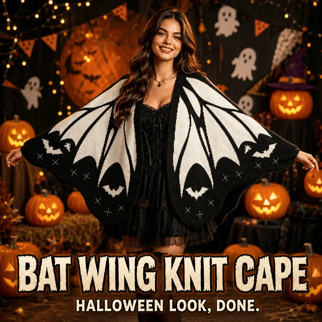 Women’s Halloween Bat Wing Knit Cape Cardigan, Oversized Gothic Poncho Shawl with Irregular Hem, Open Front Spooky Costume Cover-Up for Party Cosplay