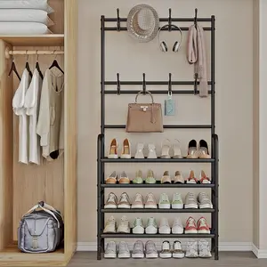 LINZINAR Coat Rack Shoe Rack With Storage Shelf Freestanding with 8 Hooks for Entryway Bedroom Closet 4 Tier, Black，brown，grey