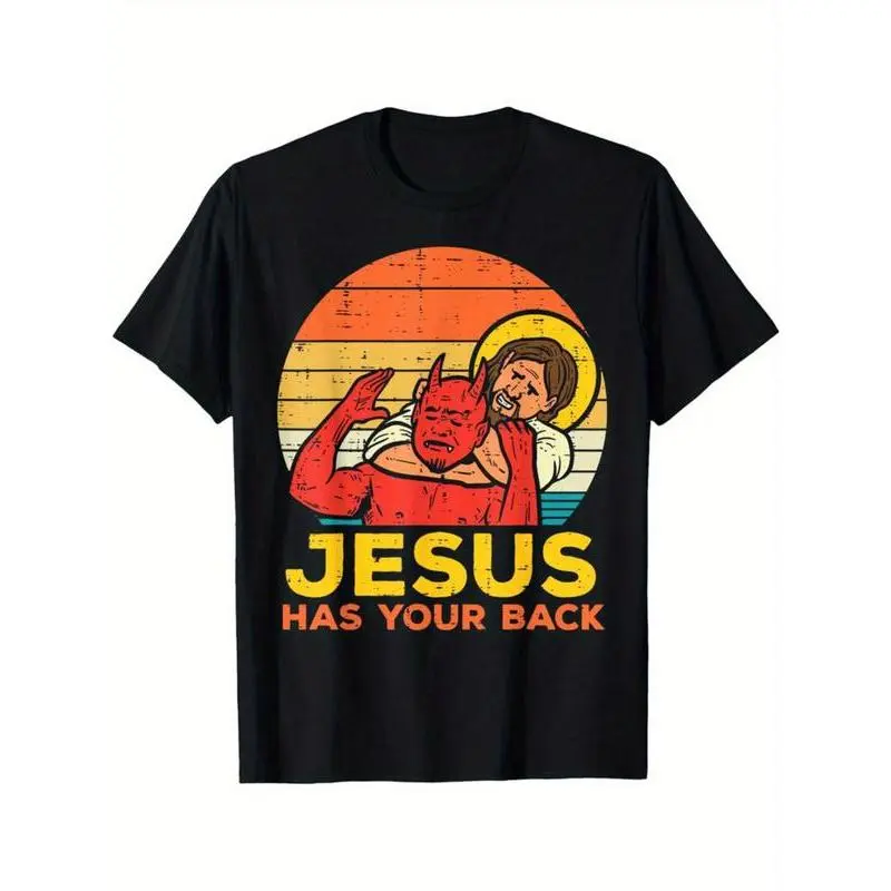 Women's T-Shirt with "Jesus Has Your Back" Graphic, Casual Retro Short Sleeve Cotton Top, Breathable Loose Fit for All Seasons, Shortsleeve