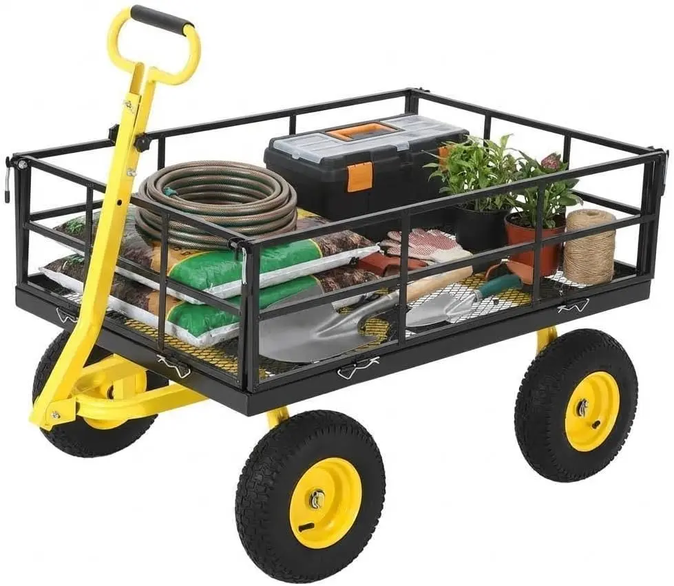 1200 LBS Steel Garden Cart, Heavy Duty Utility Garden Wagon with 13-Inch All-Terrain Tires, 180° Rotating 2-in-1 Handle, ATV & Lawn Tractor Towable, Metal Yard Cart for Landscaping