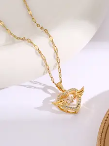 Elegant Heart Angel Wing Pendant Necklace for Women, Korean Style Minimalist Fashion Lockbone Chain, Trendy Rhinestone Jewelry