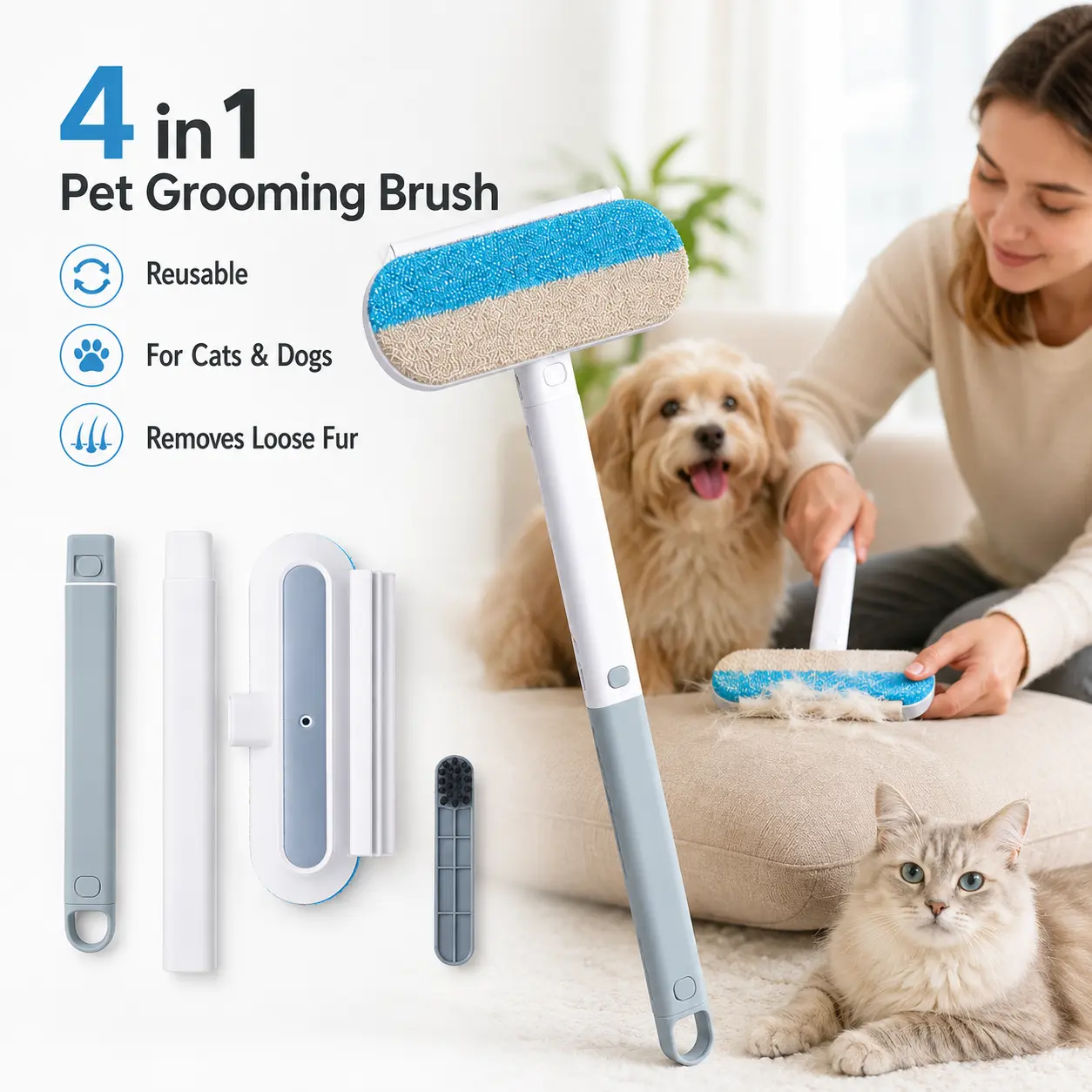 cat 4 in 1 Pet Grooming Brush Reusable Sticky Pet Cat Fur Dog Fur Cleaner Hair Rollers