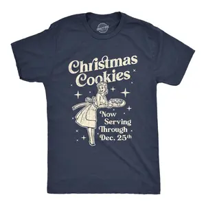 Mens Christmas Cookies Now Serving Through December 25th T Shirt Funny Holiday Baking Graphic Tee Mens Funny T Shirts Cool Vintage Fashion T-Shirt Gift Classic Menswear Christmas Apparel for Men Funny Food Navy