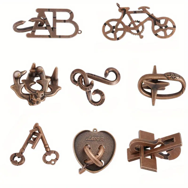8-piece set of classic bronze metal Luban locks, puzzle solving, Brain, Game, enhanced logical thinking, relaxation and creative problem-solving skills