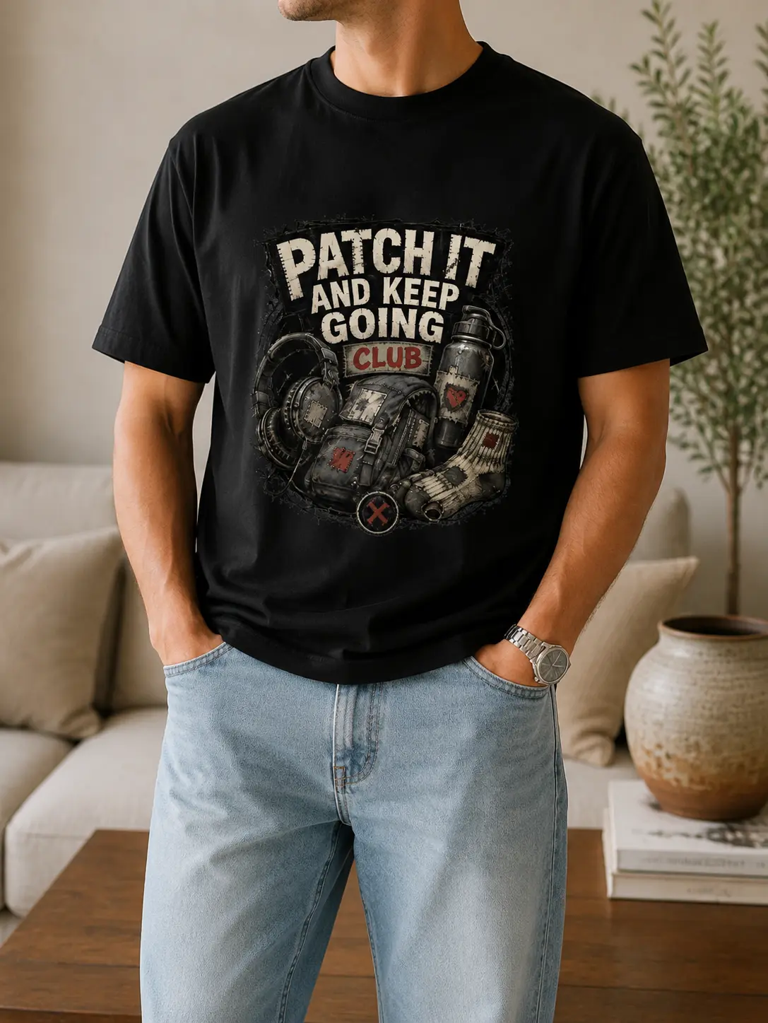 Patch It and Keep Going Club Graphic Tee, Funny Repair and Resilience T Shirt, Vintage Patched Gear Illustration, Unisex Casual Short Sleeve Crew Neck Black Tee