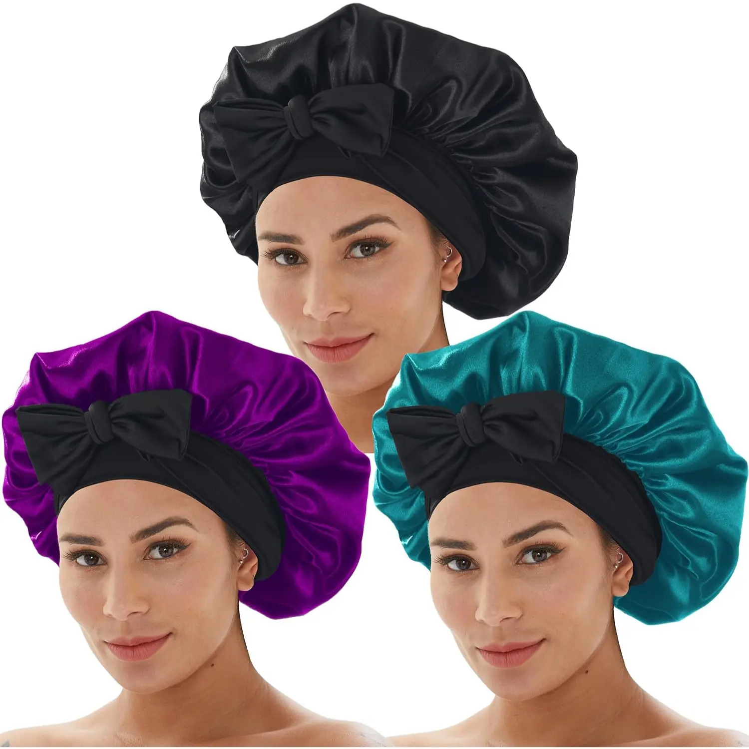 Women's 3-Pack Lightweight Satin Sleep Bonnet, Adjustable Tie Band Hair Cap for Daily Haircare