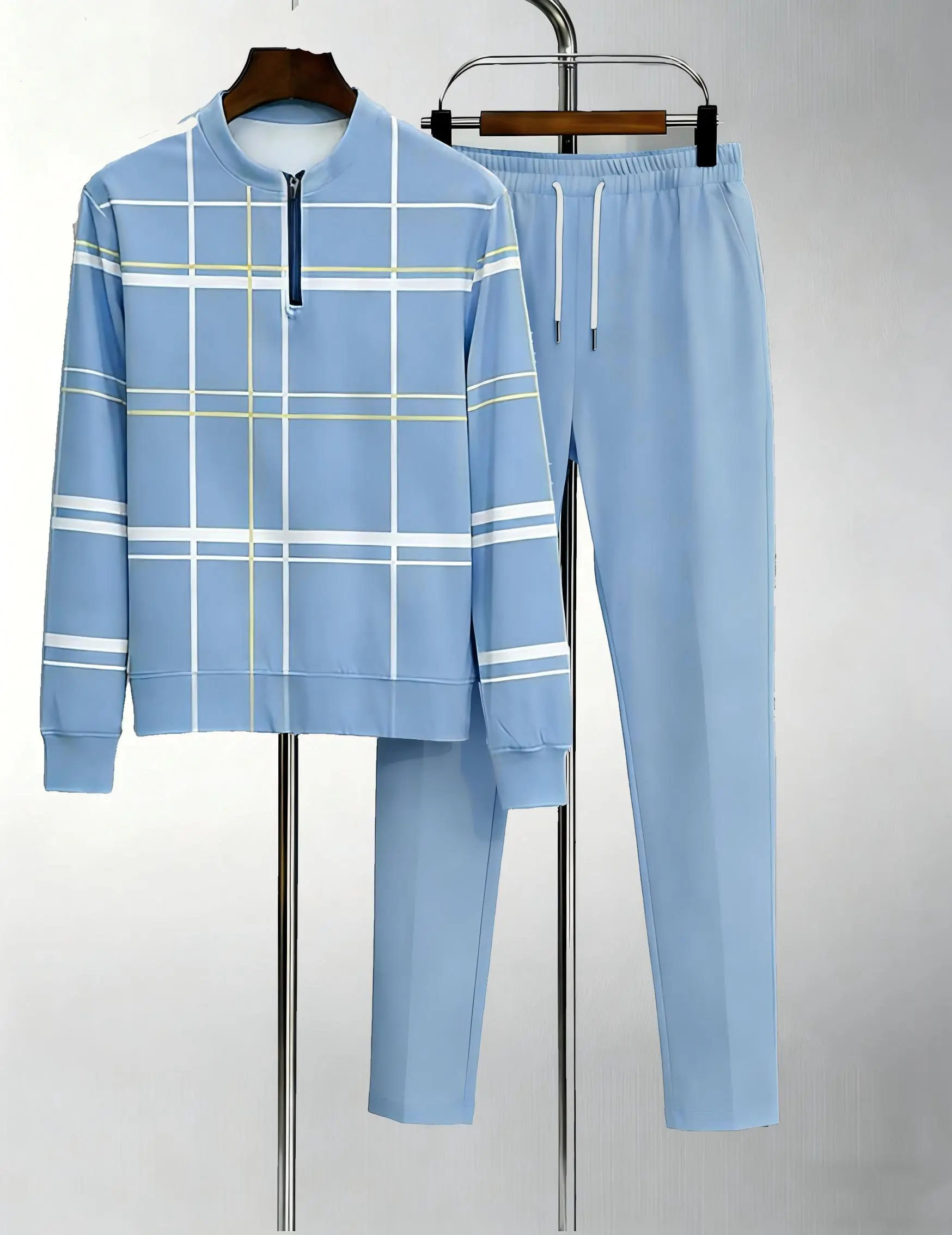 Men's 2-piece lightweight business casual sportswear |   Light blue checkered top with half zipper |   Contrasting white and yellow checkered patterns+matching pants |   Suitable for urban commuting, office leisure, and polished comfort fathersdaygift