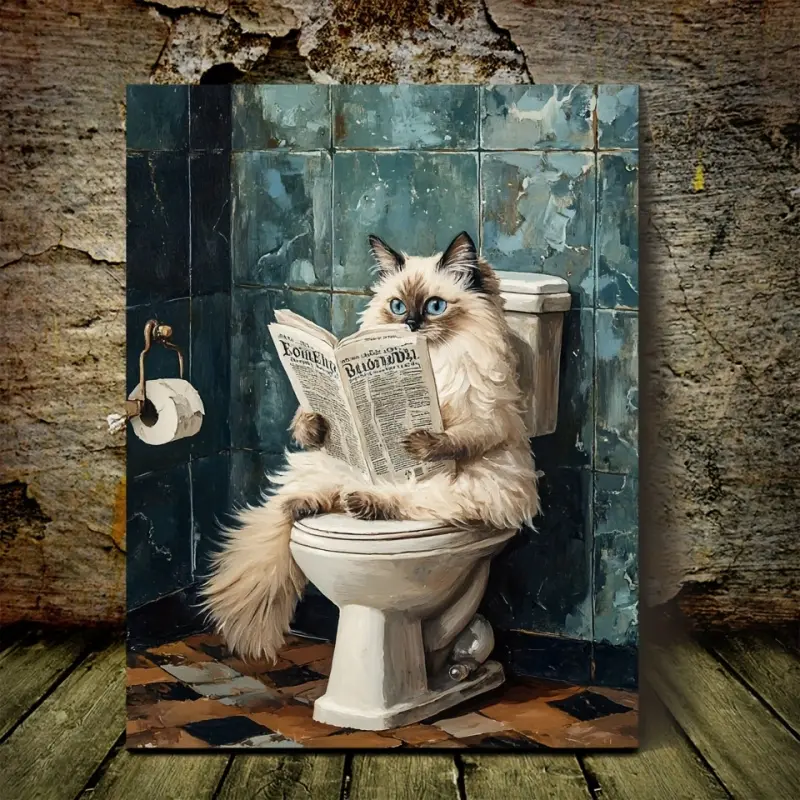 1 Piece Cat Canvas Wall Art - Fantasy Ragdoll Cat Sitting on a Toilet Reading a Newspaper, Background Art Print, Funny Print Design, Funny Wall Art, Suitable for Living Room, Bedroom Decoration, Fantasy Home Decor, Playful Cat Art, canvas print