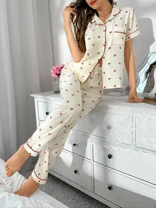 Two-Piece Set Women's All Over Print Pajama Set, Button Front Short Sleeve Shirt & Elastic Waist Pants Lounge Co-ord Set, Summer Outfits 2024, Lady Summer Homewear