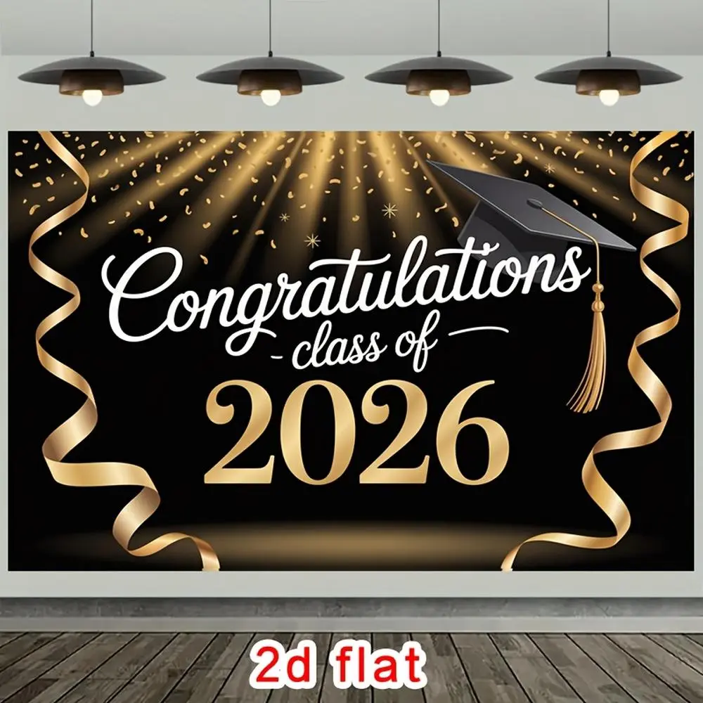 1pc Golden-Black 2026 Graduation Cap Polyester Backdrop Banner, Reusable 2D Flat Non-Electric Decor for Home, Photo Booth, Grad Party Decorations