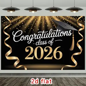 2D Flat, [PARTY BANNERS] 2D Flat Banner, 1pc Congratulations Class of 2026 Golden Black Graduation Cap Polyester Backdrop, for Party Decor Farm, Garden, Home, Room, Club, No Electricity, This