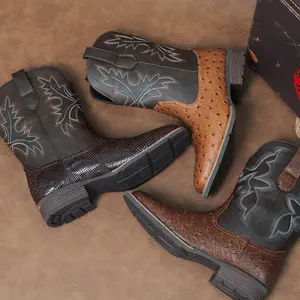 【Exotic】Eleet Cowboy Boots for Men – Ostrich Print Botas, Exotic Square Toe, Slip Resistant with Pull-On Style, Comfort Vintage Western Boots