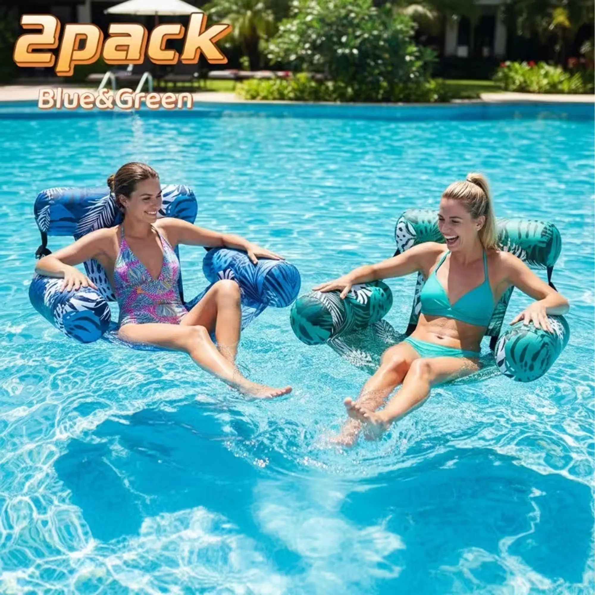 2-Pack Palm Print Leaf-Shaped Anti-Tipping Inflatable Pool Floating Chairs, Upgraded Thick Leakproof Lounger Sofas, Portable Float Seats for Outdoor Summer Swimming Pool Relaxation