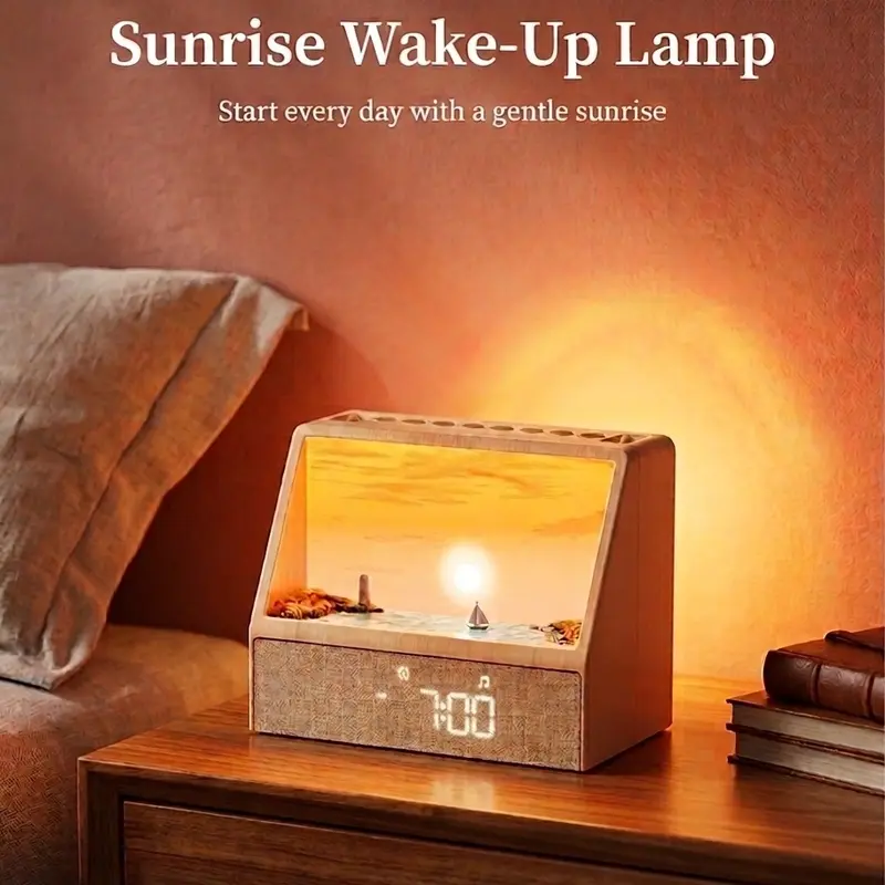 ABS POM Plastic Sunrise Alarm Clock for Heavy Sleepers & Adults - Bedroom Smart Lighted Bedside Clock with Sunset Simulation, 24 White Noise, Dimmable Night Glow, Digital Display, Bluetooth Mirrored Crystal Sleep Aid, Cool Home Decor, Anniversary Gift