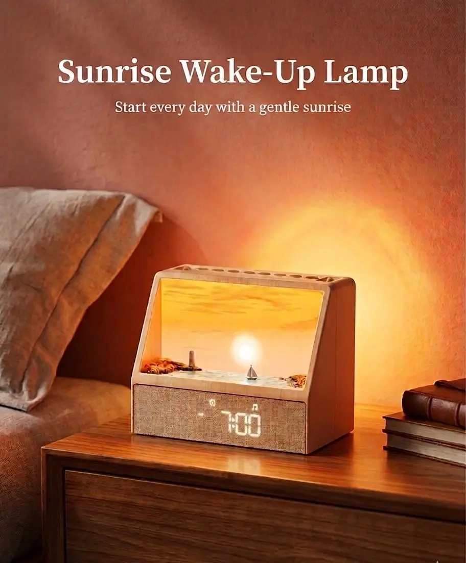 Smart Lighted Sunrise Alarm Clock for Heavy Sleepers - Single Unit ABS POM Engagement Room Gadget, Sunset Simulation, 24 White Noise, Dimmable Decorative Bedside Night Light, Digital Display, Bluetooth Mirrored Crystal Sleep Aid Gift for Adults, Room Gadg