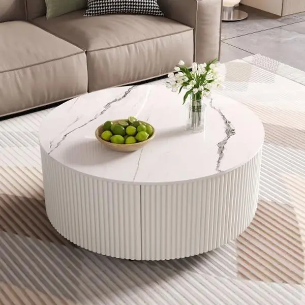Bellemave Modern Round Movable Coffee Table - Indoor Furniture with Casters, 2 Drawers, Marble Pattern Sintered Stone Top, 29.5"