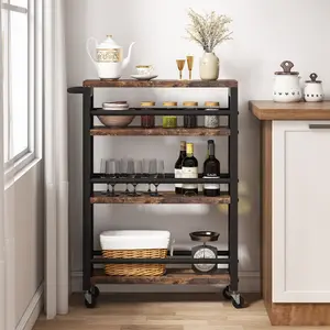 LITTLE TREE Slim Rolling Utility Carts with Wheels,4-Tier Narrow Kitchen Trolley Cart for Small Space,Wood Spice Storage Rack