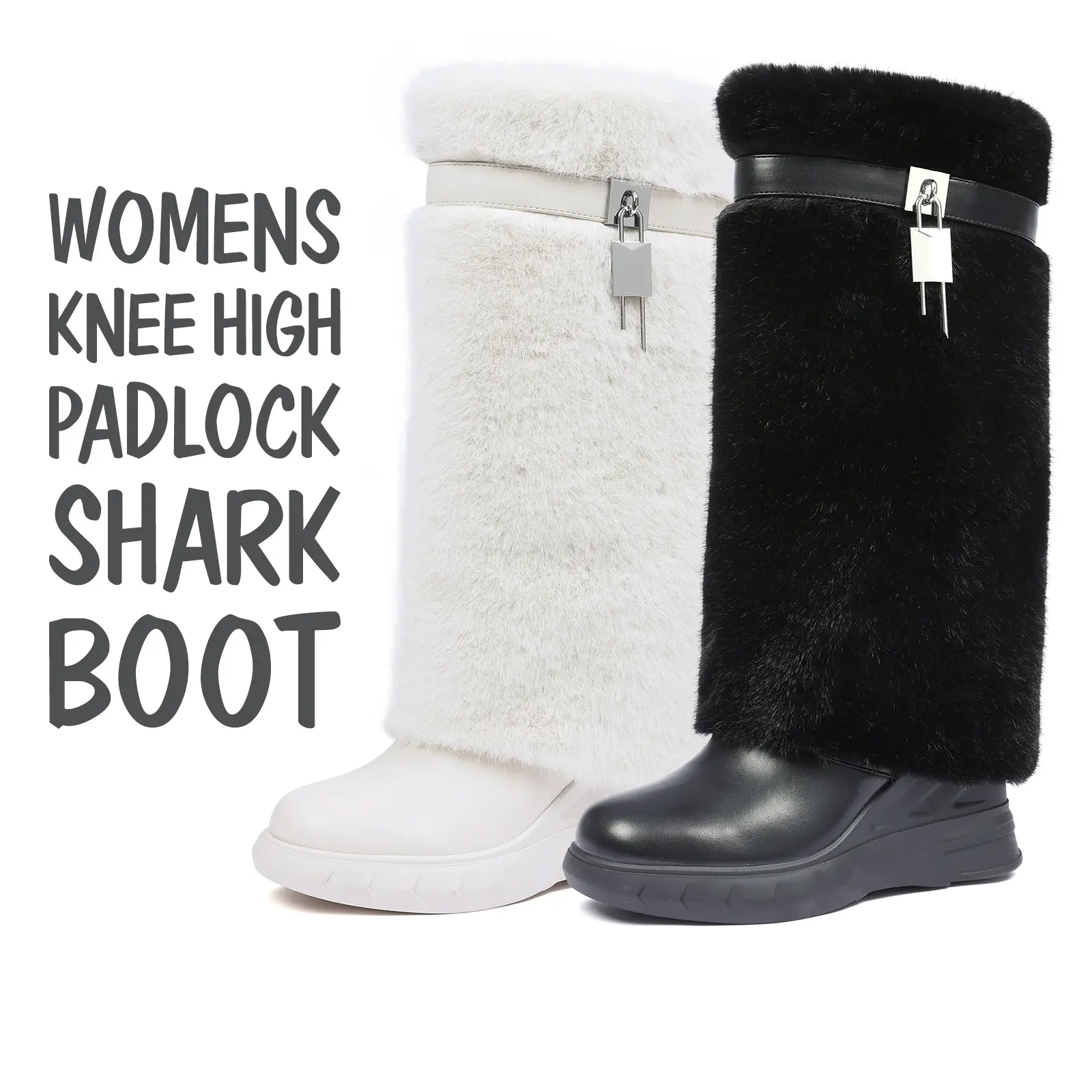 CYNLLIO Womens Knee High Padlock Shark Boot Wedge Heels Rounded Toe Faux Fur Snow Boots Pull On Comfy Working Party Casual Outing Fall Winter Shoes Deals For You Days