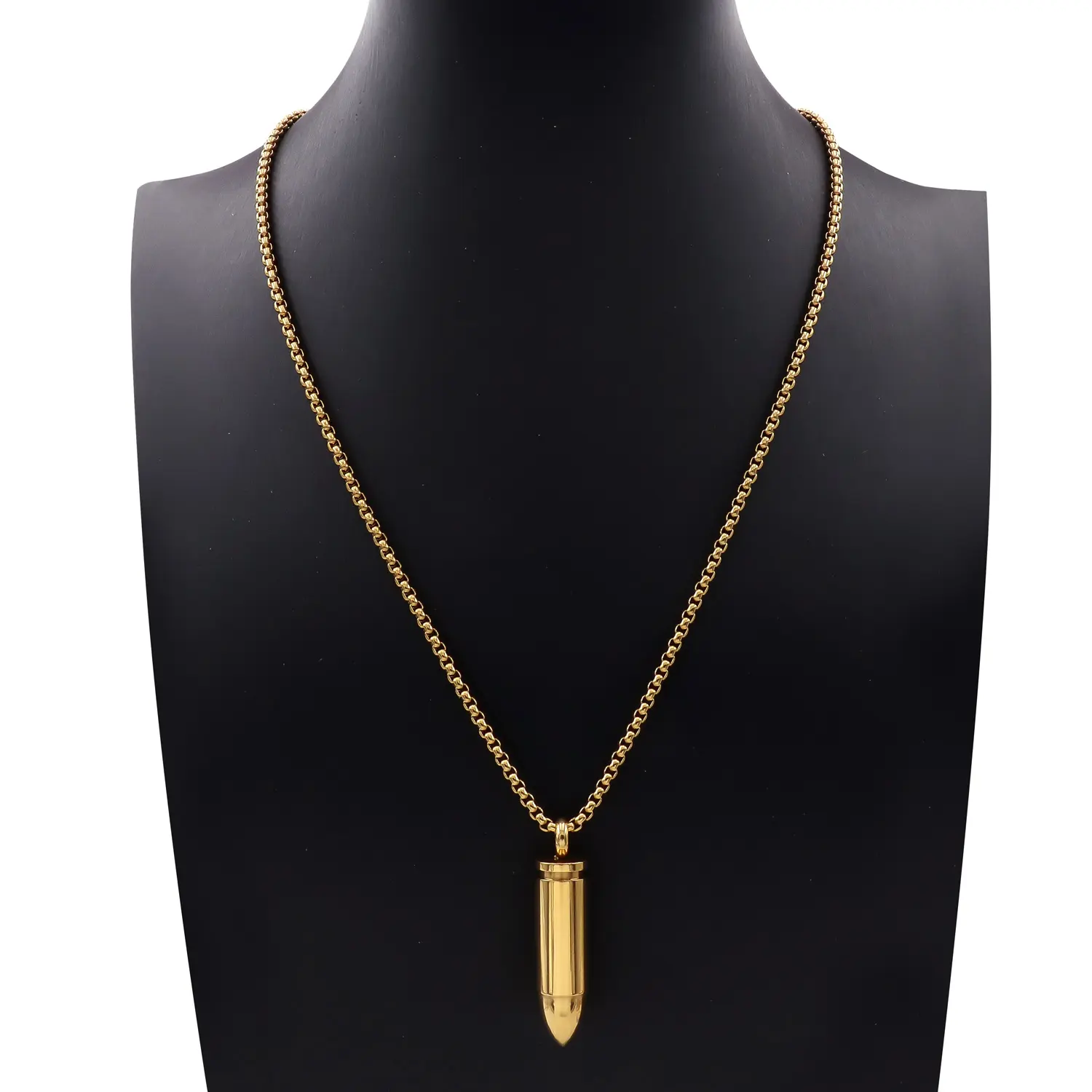Unisex Bullet Head Pendant Necklace on Box Chain - Waterproof Stainless Steel Jewelry, Fade-Resistant, Gold or Silver Tone for Everyday Wear