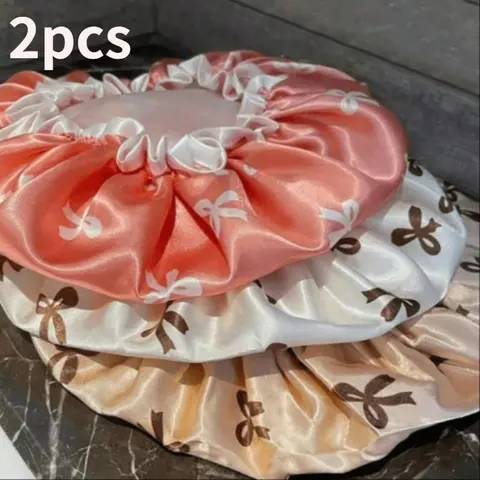 Waterproof Double-layer Shower Cap, 2 Counts Elastic Shower Cap, Bathroom Hair Drying Cap, Shampoo Cap, Suitable for Face Washing, Drying Hair, Makeup, Cooking, Shower Cap Set, Bathroom Accessory