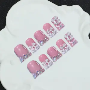 10 pieces/set of handmade duckbill Y2K Baddie style nails, bare and white nail plates with French pointed tips, asymmetrical liquid metal patterns, saint, cross, heart, dollar designs, shiny nails, daily wear, including toolkits, perfect gifts for women