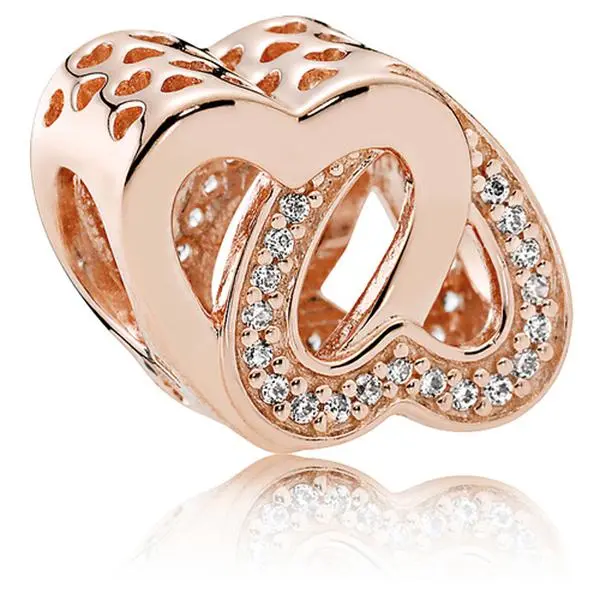 PANDORA Entwined Hearts Charm, Edgy Love Symbol in Rose Metal with an Interlocked Design and Stone Accents, Romantic Gift, Matching Heart Charms & Pendants, Style Charms & Pendants