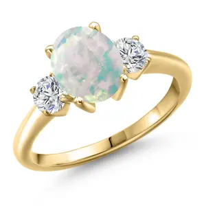 Gem Stone King 18K Yellow Gold Plated Silver Gemstone Birthstone and White Lab Grown Diamond 3-Stone Engagement Ring for Women | Oval 9X7MM and Round 4MM | Three Stone Wedding Anniversary Promise Ring | Sizes 5-9