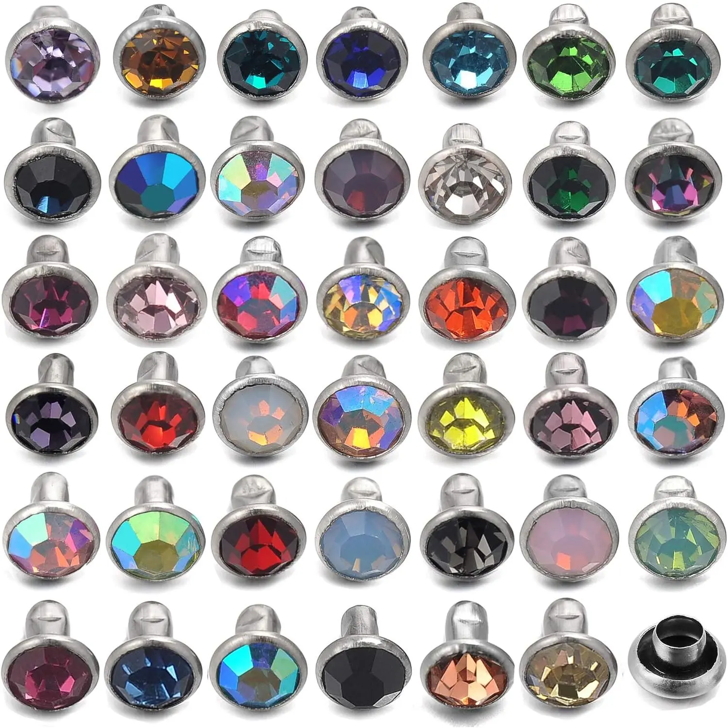 100 Sets 4MM Mixed Colors Cz Crystal Rivets Rhinestone Rivets Studs Rapid Rivets Silver Color Spots Studs for Leather Craft DIY Making