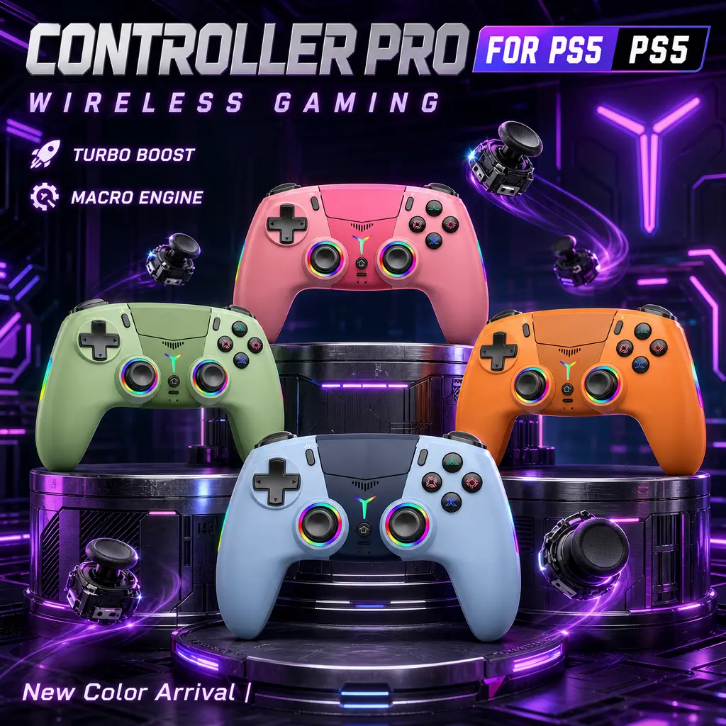 PS5 Pro anti-drift wireless game controller for PS5 console — plastic material, smartphone-compatible accessory featuring dual vibration, motion control, button customization, turbo rapid fire, a 1000mAh fast-charging battery, a touchpad, Bluetooth 5.0, a