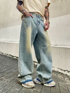 Men's Y2K Streetwear Loose Fit Jeans, Vintage Washed Mud Denim Jeans, Casual All-Season Straight Leg Long Trousers