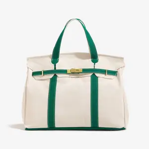 Canvas Tote Bag with Stylish Leather Trim – Navy Accent