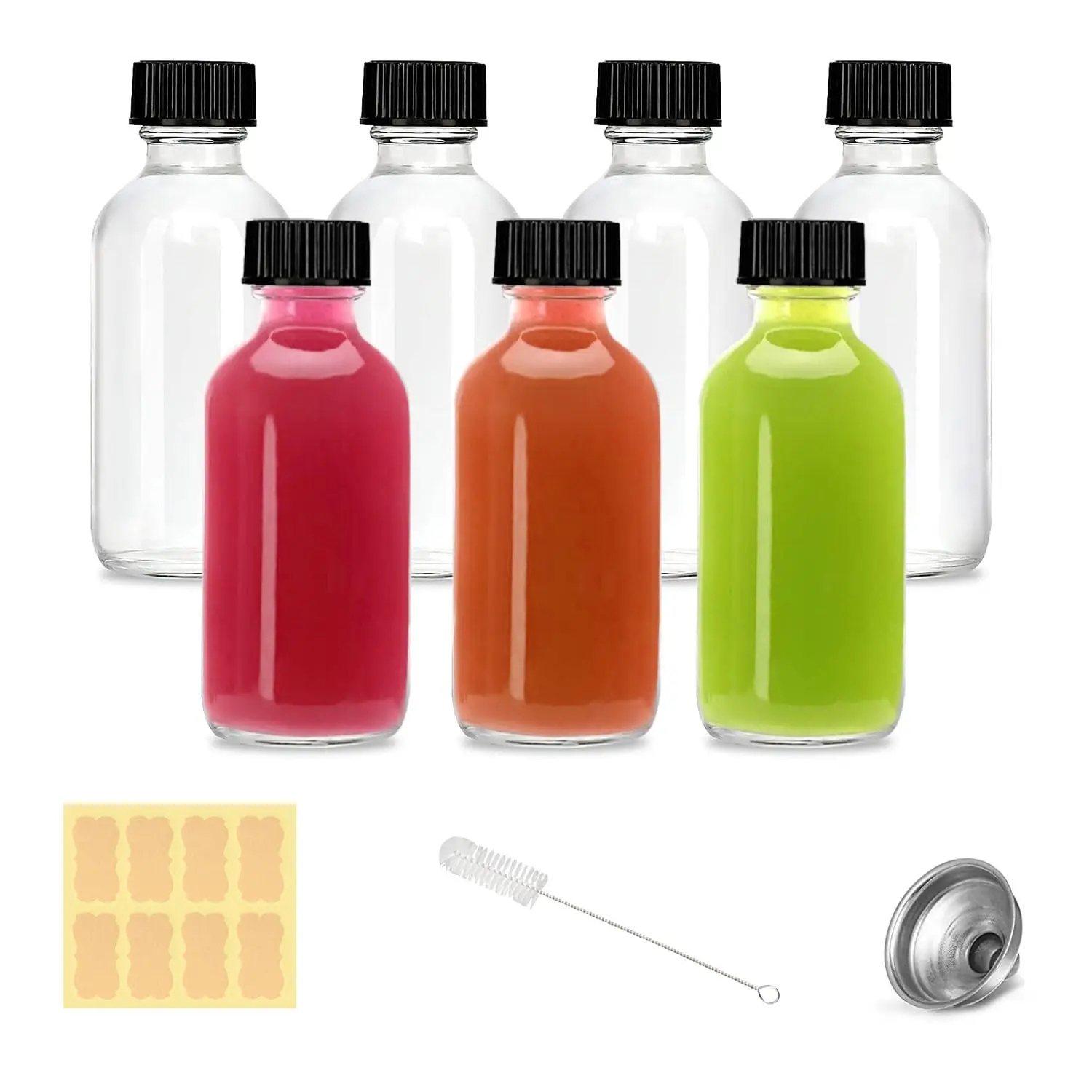 2oz Small Clear Round Glass Bottles with Stainless Steel Leak-Proof Lids - 7 Pack Shot Bottles with Funnels, Stickers, Brush for Ginger Shots, Juice, Liquids (7Pack-Clear)