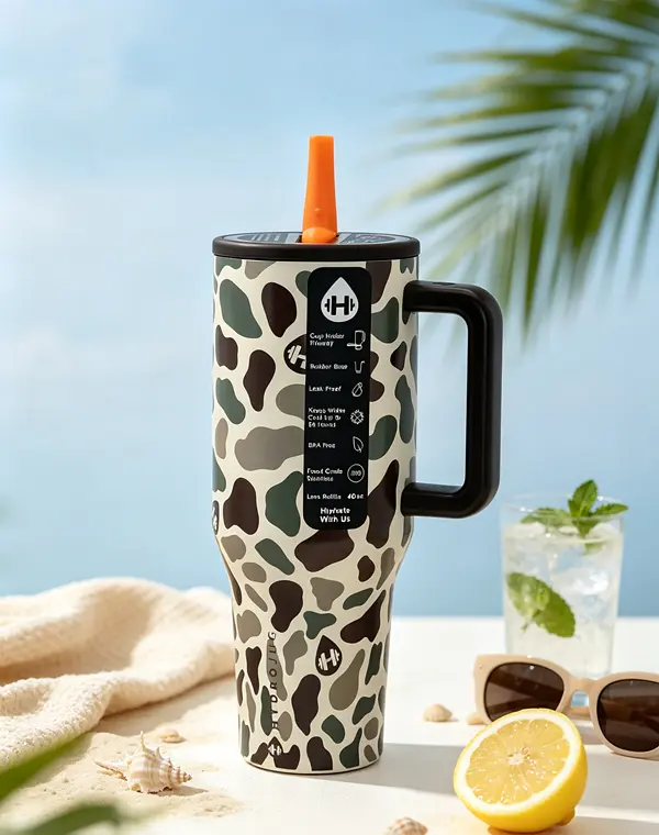 40oz Camo Leopard HydroJug Traveler Tumbler, Stainless Steel Insulated Leak-Proof BPA-Free Cup with Handle & Straw Lid, Large Water Bottle for Car, Gym Use