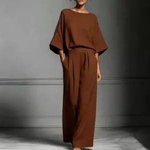 Two Piece Set Women Plus Size – Loose Crew Neck Top & Wide Leg Pants, Casual Lounge Matching Set, Summer Travel Vacation Outfit, Comfy Minimalist Work Outfit 2026