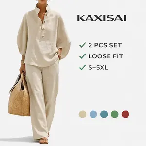 KAXISAI Women's 2-Piece Linen Blend Set, Minimalist Lightweight Soft Long Sleeve Button Shirt & Loose Pants, Everyday Style Casual Office Outfit, Breathable for Summer Fall, S–5XL