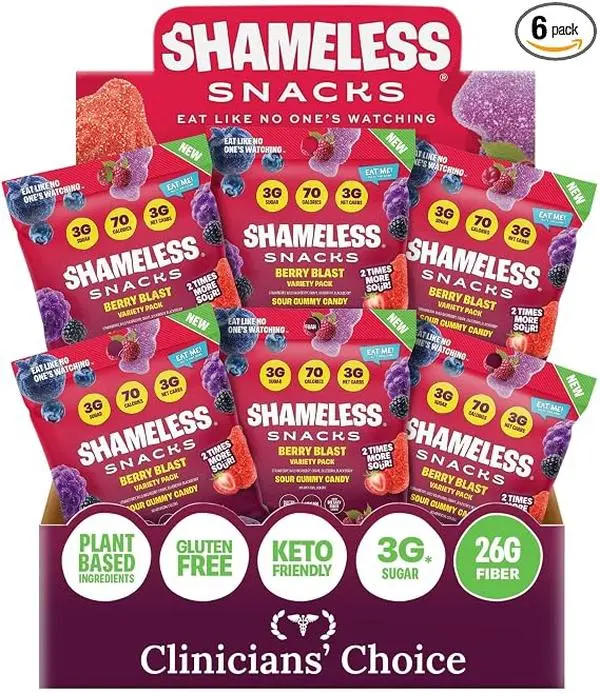 Shameless Snacks Berry Blast Gummy Candy Variety Pack, Keto-Friendly High Fiber Gummies, 3g Sugar & 70 Calories, Gluten-Free Vegan Snacks for Kids & Adults