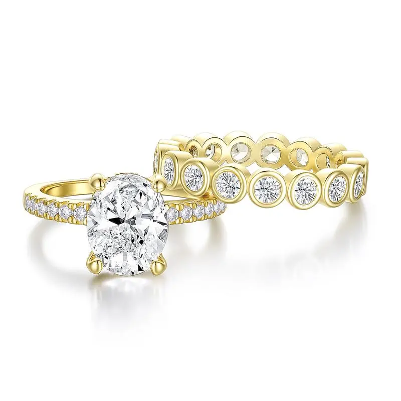 Trending 14K Gold Plated Oval Cut CZ Ring Set – 3CT Bridal Engagement & Promise Rings for Her, Affordable Luxury Wedding Bands