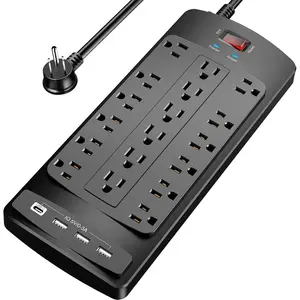 18 Outlets Surge Protector Power Strip - 6  Flat Plug Heavy Duty Extension Cord with 18 Widely Outlets and 4 USB Ports, 2100 Joules, Black, ETL Listed