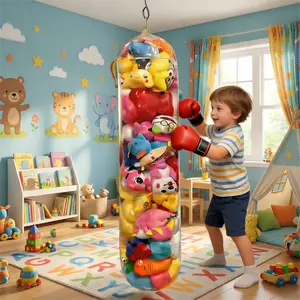 Transparent PVC doll storage boxing column with waterproof zipper and filling; a great organizer for children's plush toys, multi-functional and space-saving for home use.