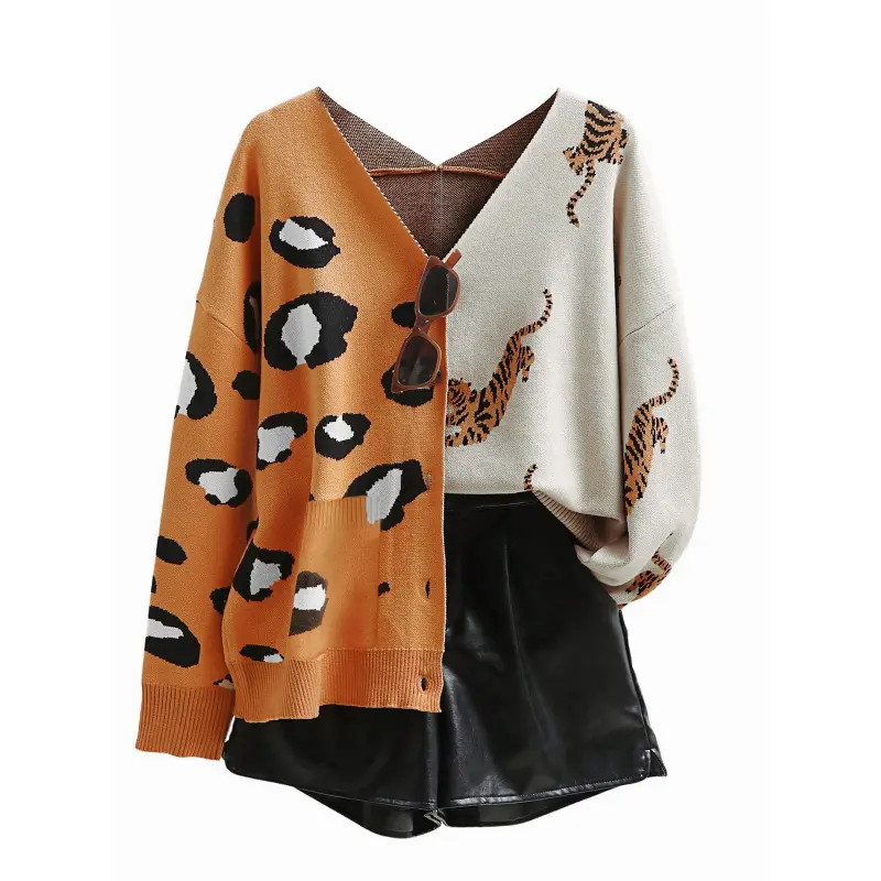 Women's Oversized V-Neck Chunky Knit Long Sleeve Basic Button Cardigan - Color-Block Leopard & Tiger Print Tops, Soft Loose Casual Knitwear for Cozy Recovery Loungewear